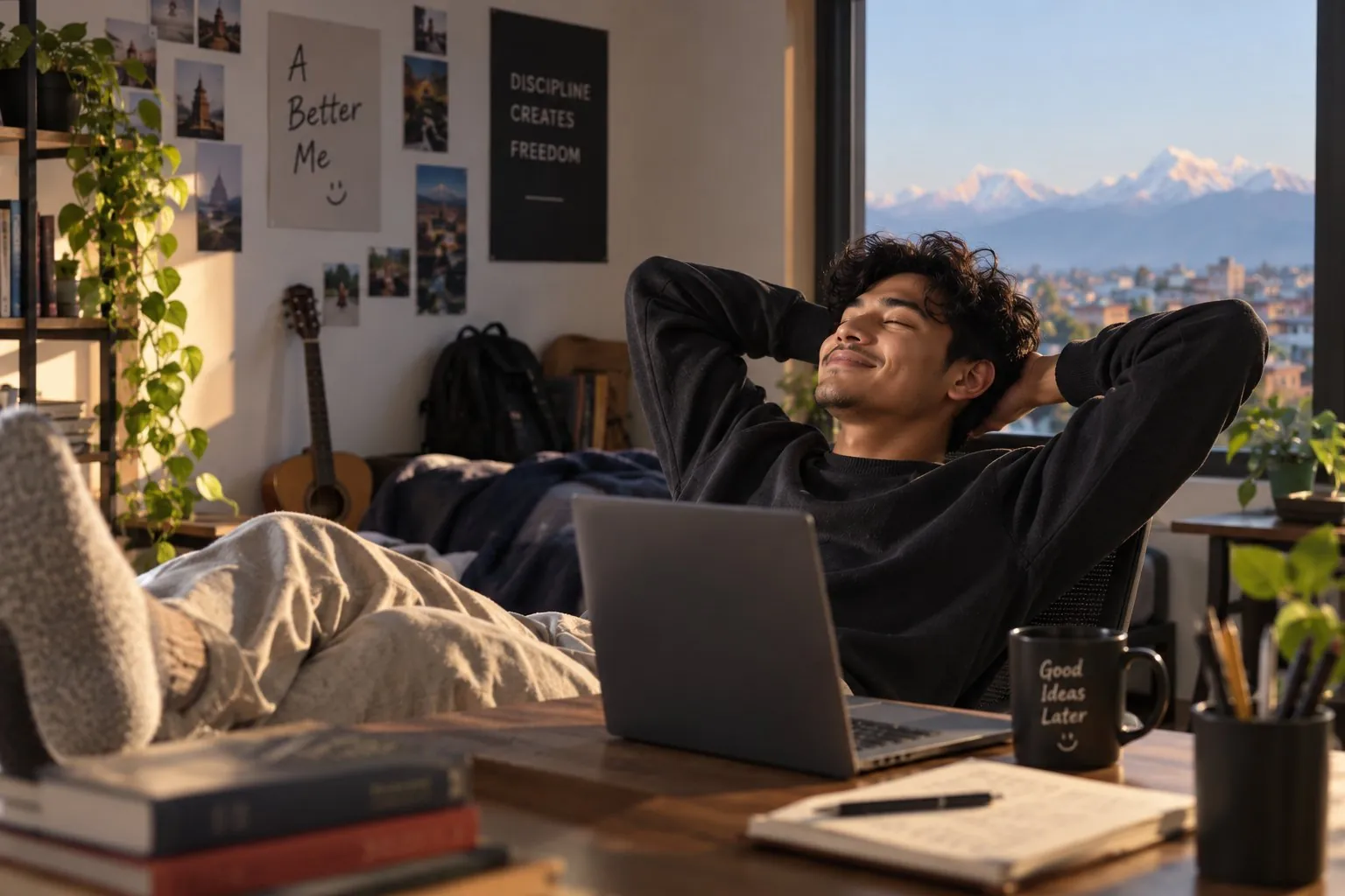 Creator leaning back at his desk in Kathmandu while his DMs are answered automatically