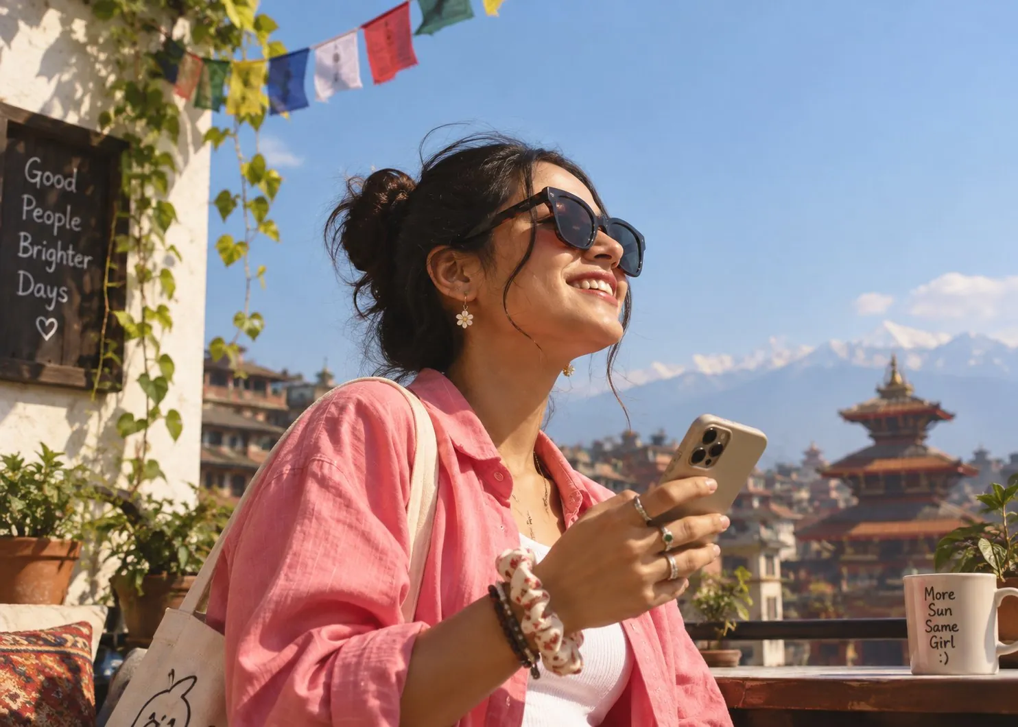 Woman smiling at her phone on a Kathmandu rooftop