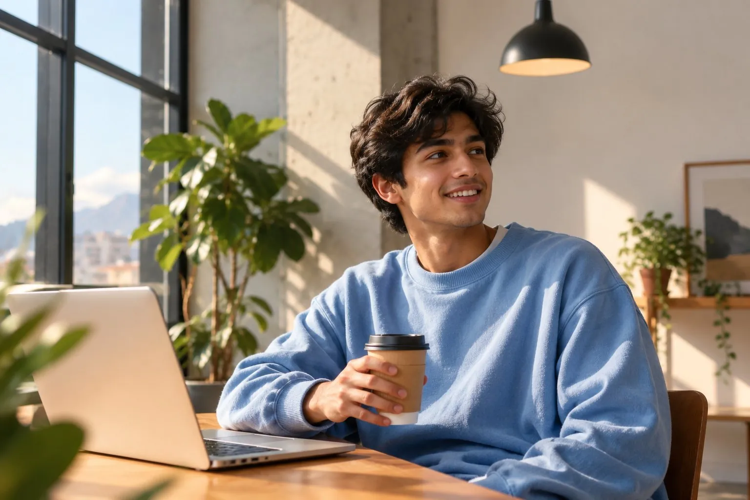 Man with a coffee smiling at his laptop