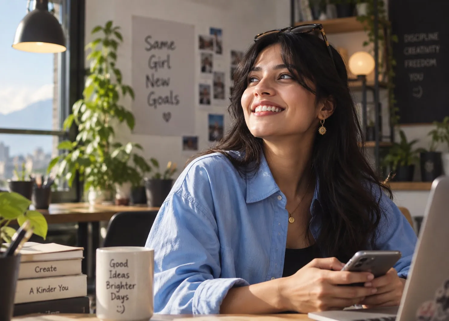 Shop owner smiling at her desk with her phone