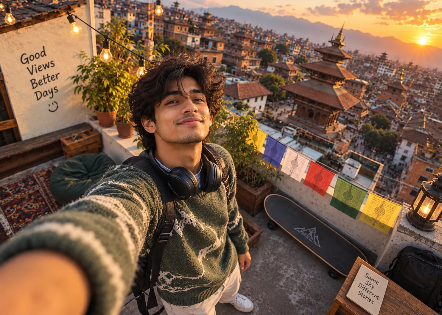 Creator taking a selfie on a Kathmandu rooftop at sunset