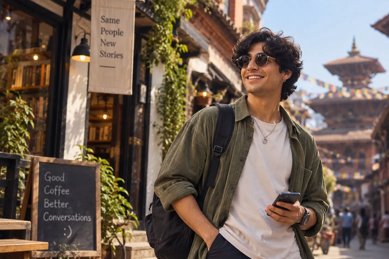 Creator smiling on a Patan street with his phone