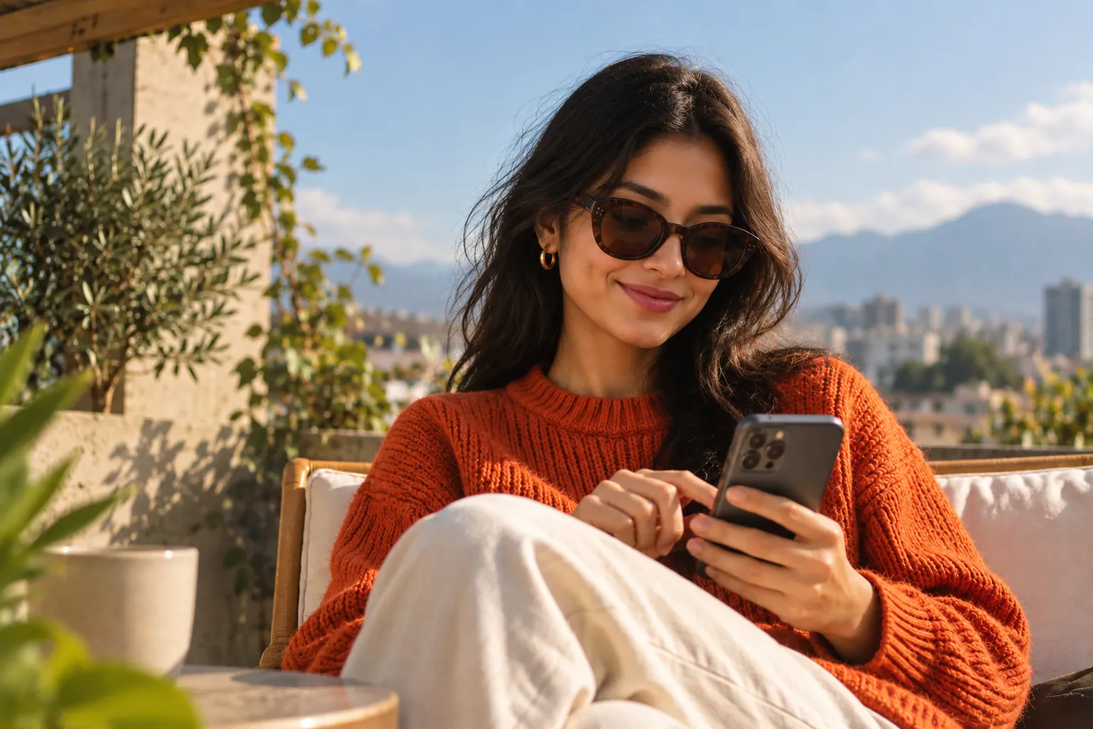 Creator using her phone on a sunny terrace