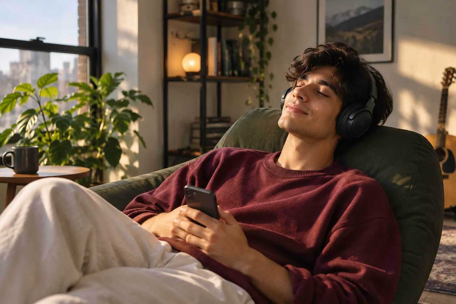 Creator relaxing with headphones while customer DMs are handled
