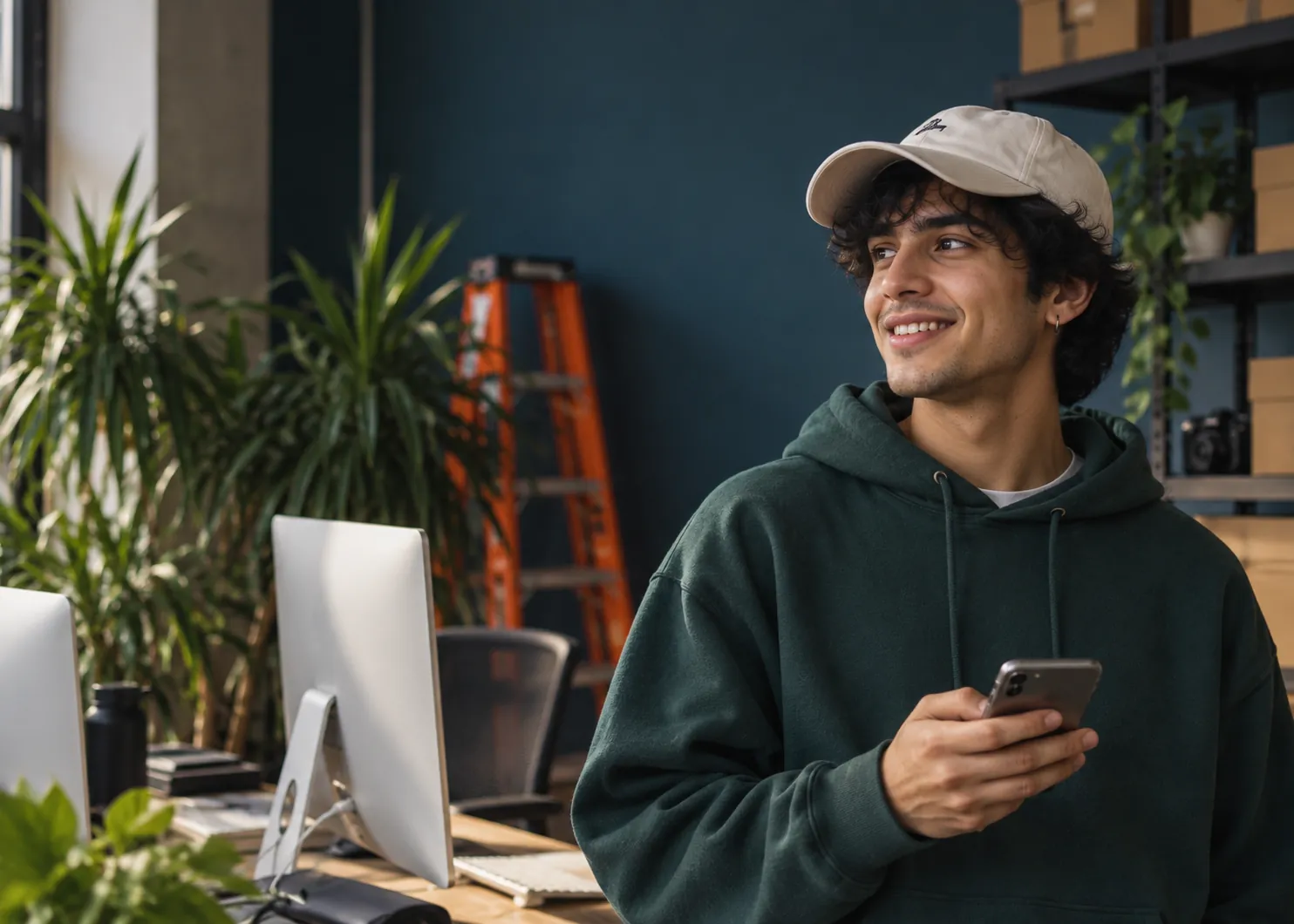 Online shop owner checking customer messages in his studio