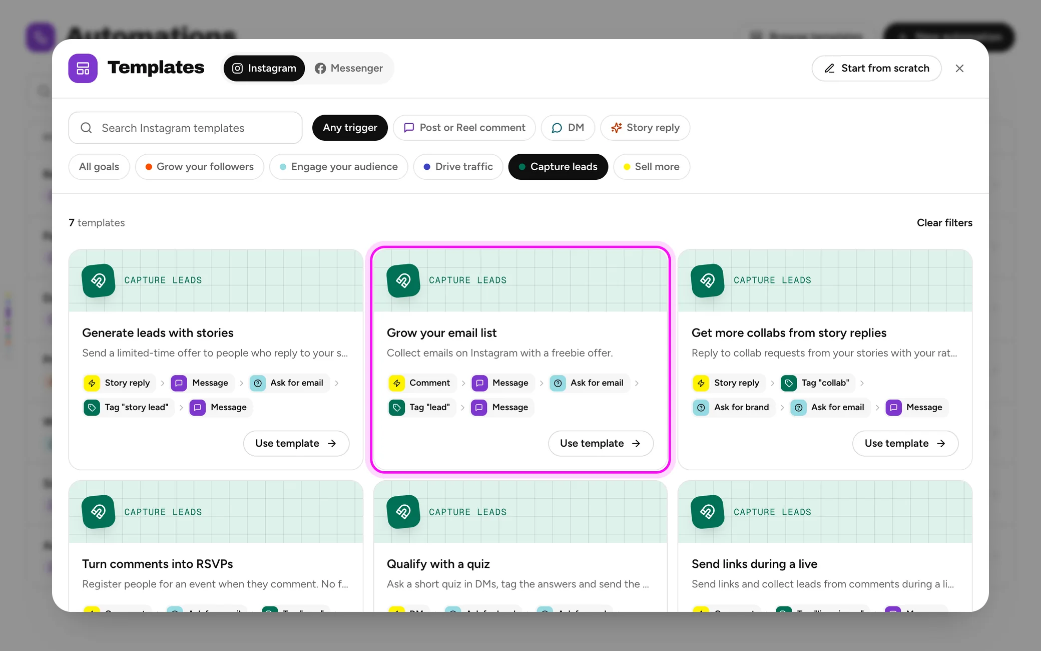 The template gallery filtered to Capture leads