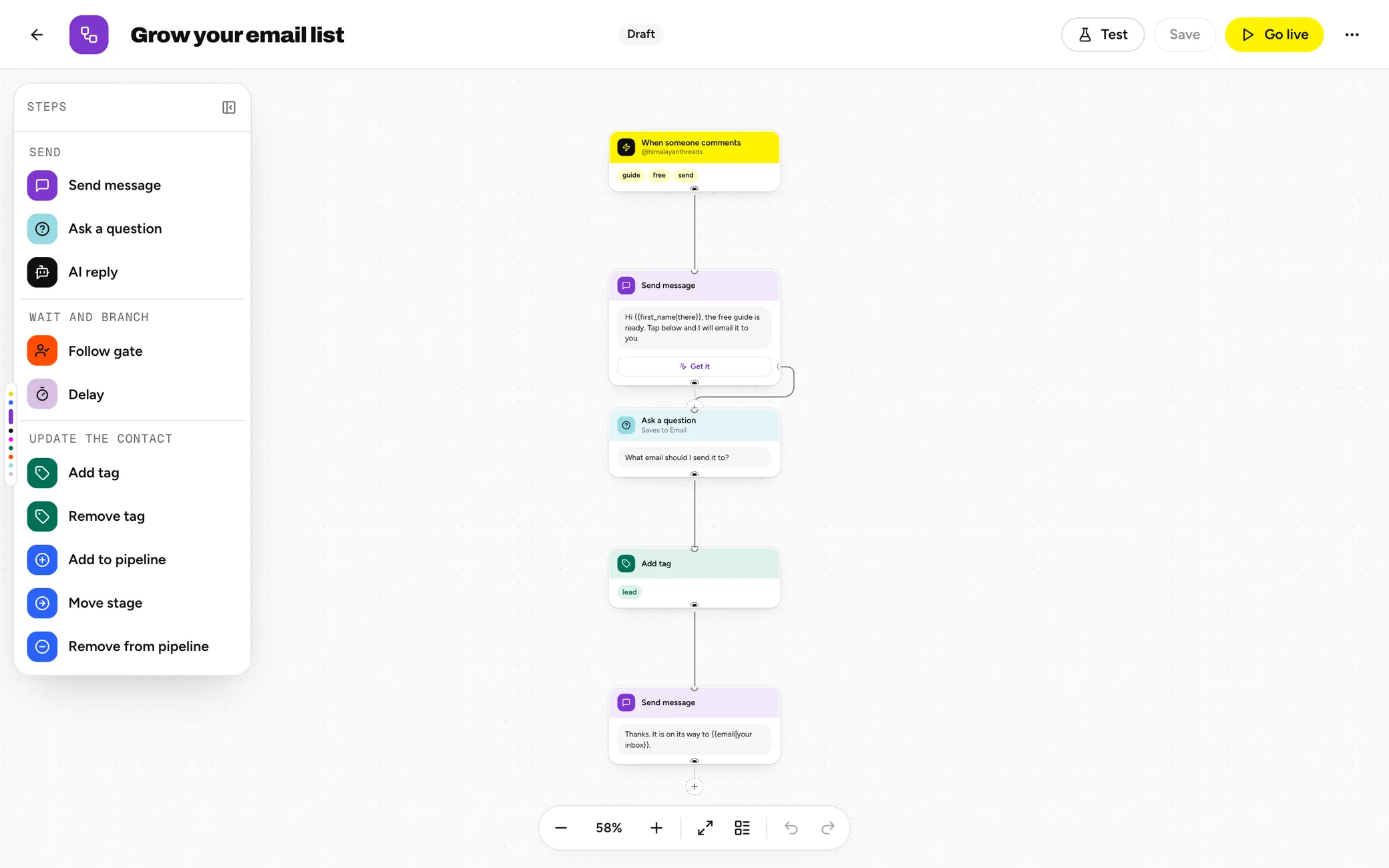 The flow: comment, message, Ask a question, Add tag and a thank-you message