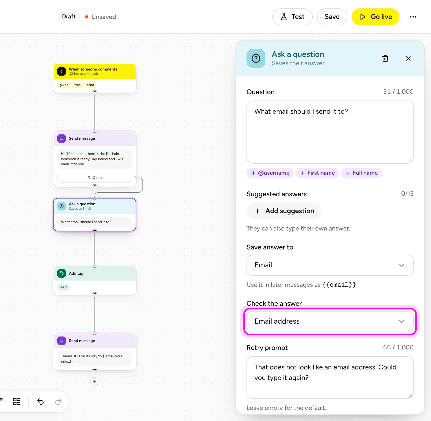 The Ask a question step saving to Email with the Email address check