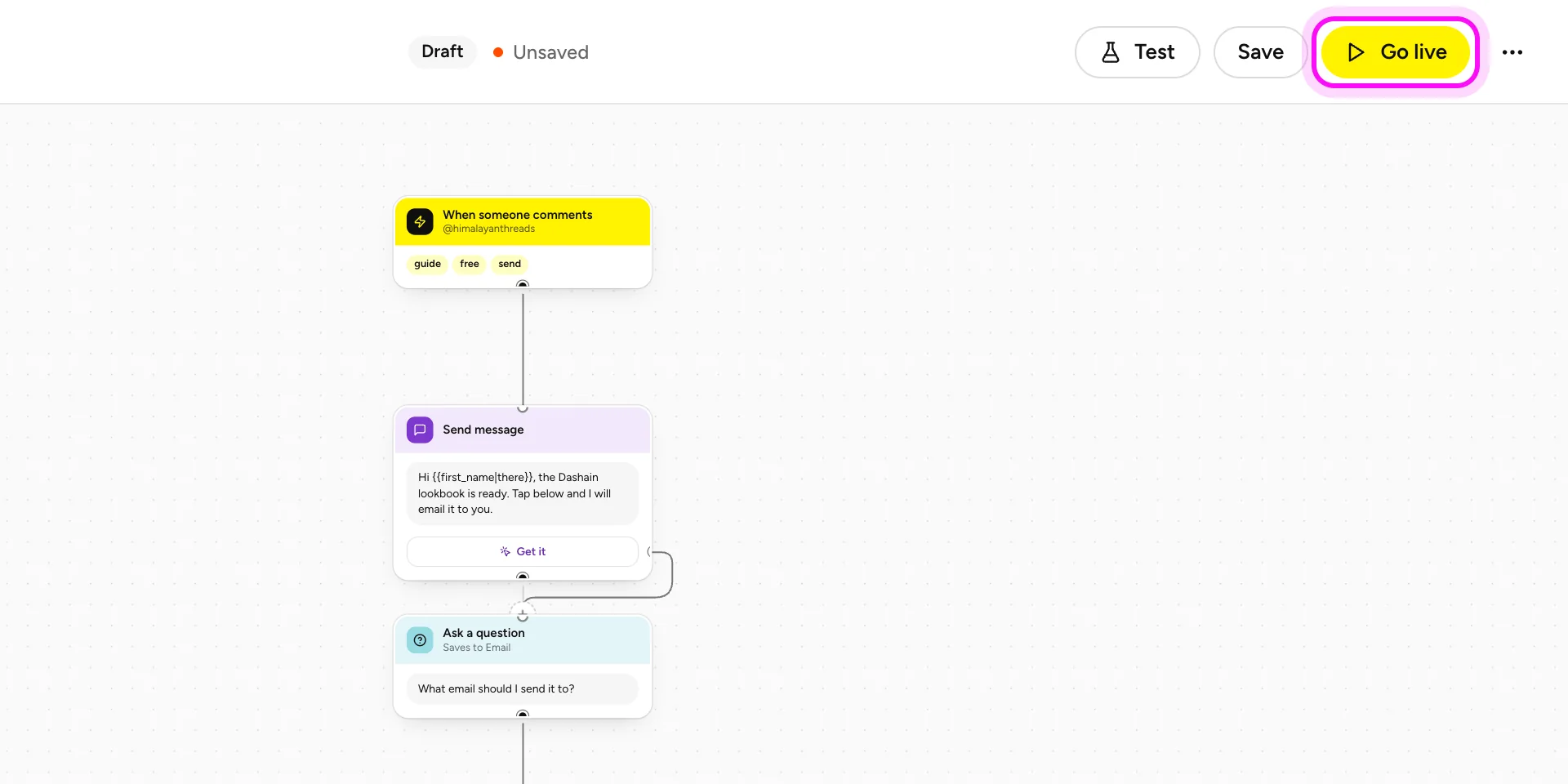 The builder with Go live highlighted