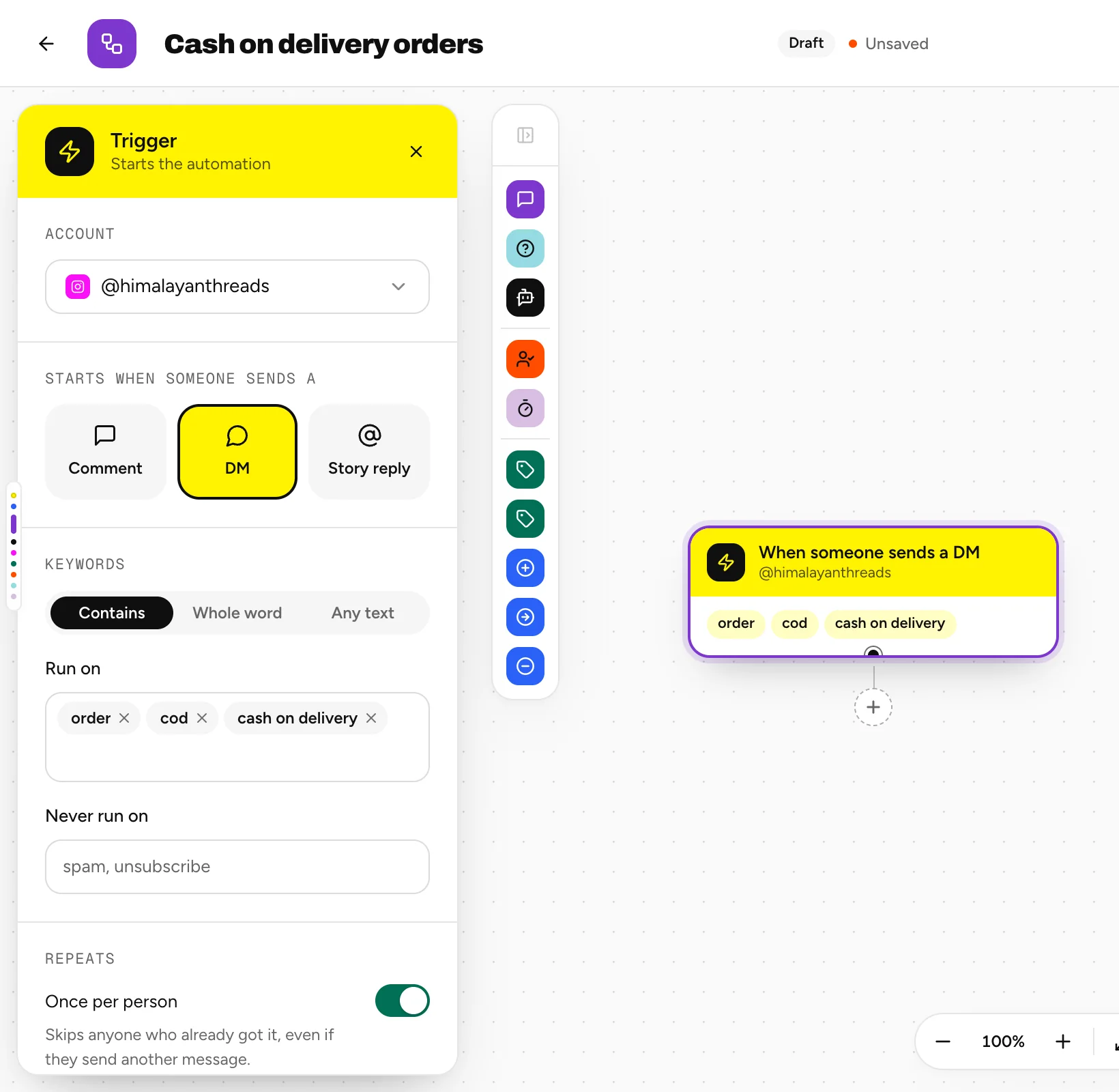 A DM trigger with order, cod and cash on delivery as keywords