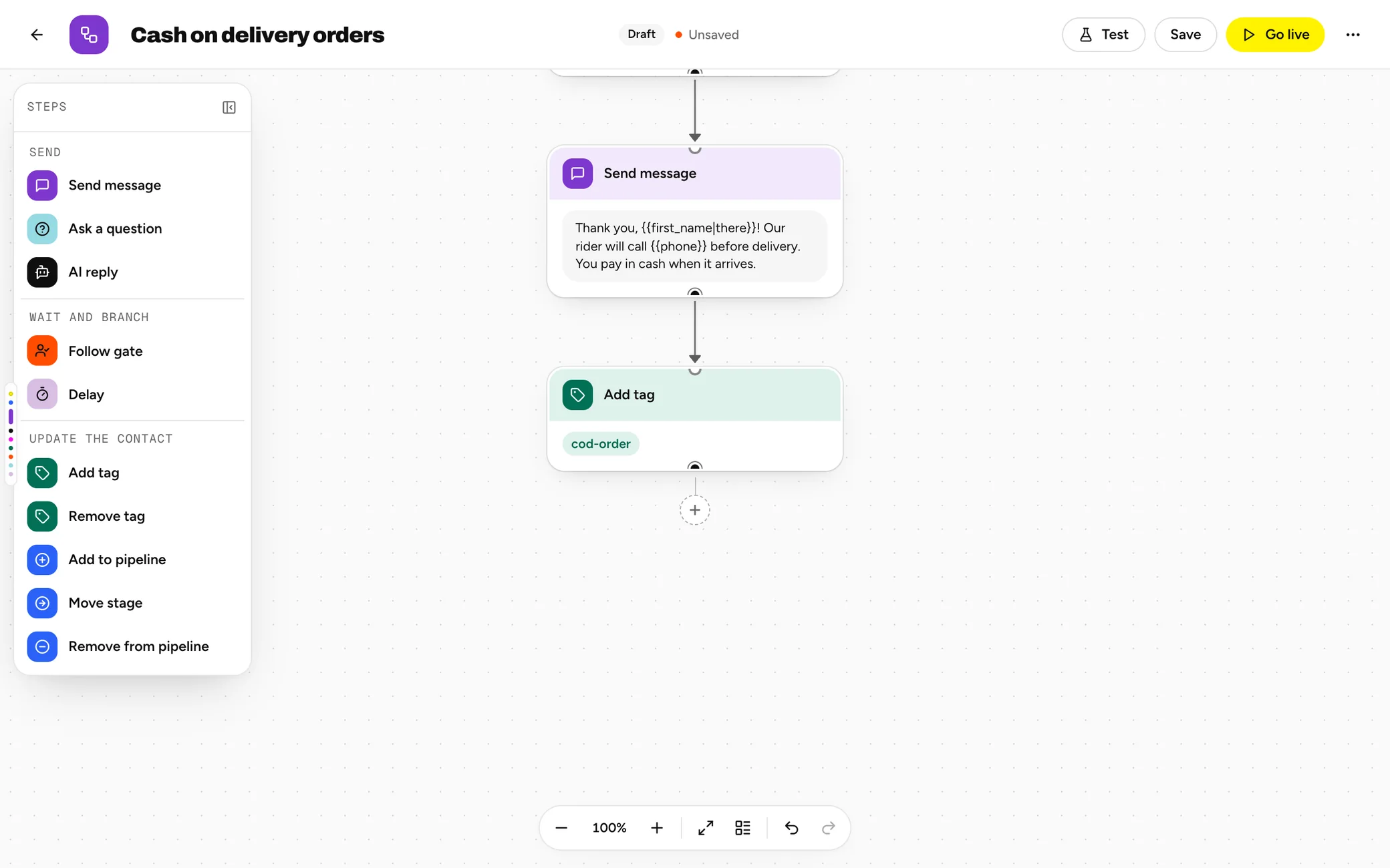 The finished flow: DM trigger, Ask a question, Send message and Add tag
