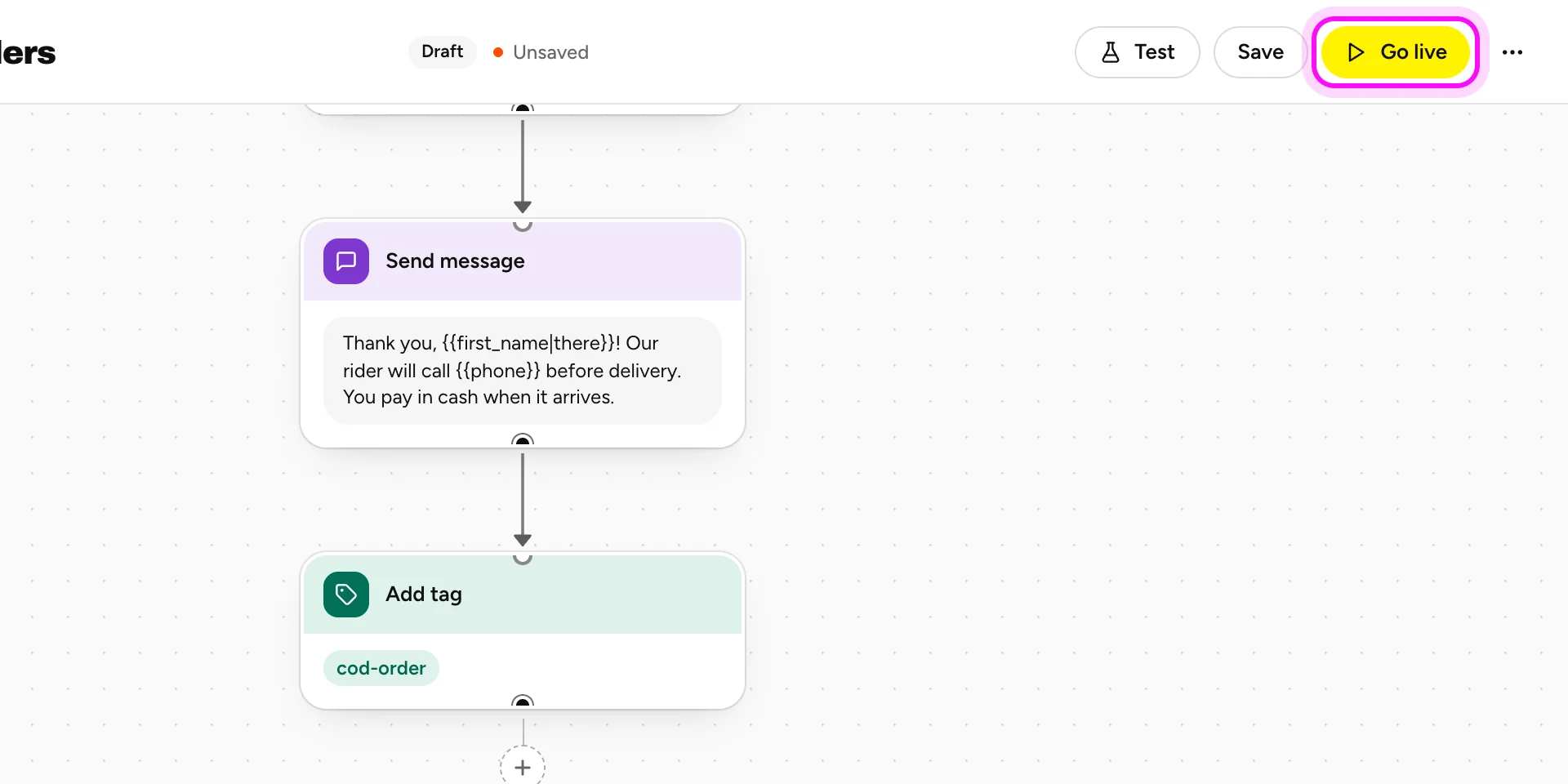 The builder with Go live highlighted