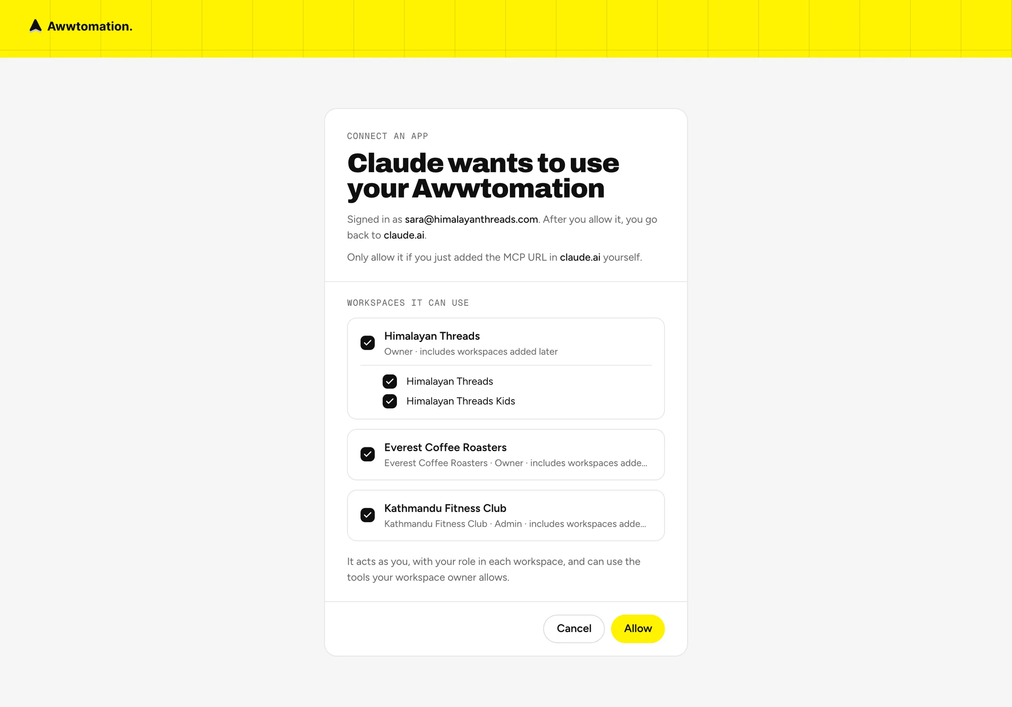 The permission page: Claude wants to use your Awwtomation