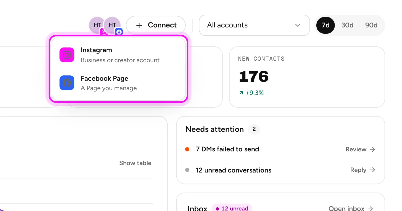 The Connect menu with Instagram and Facebook Page options