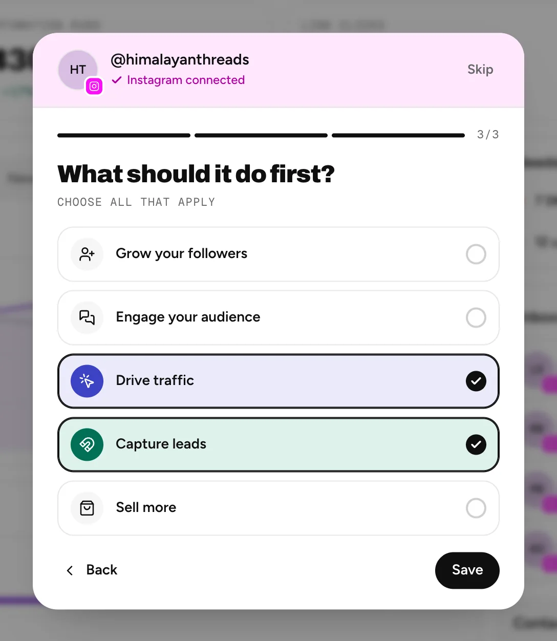The last setup question with Drive traffic and Capture leads picked