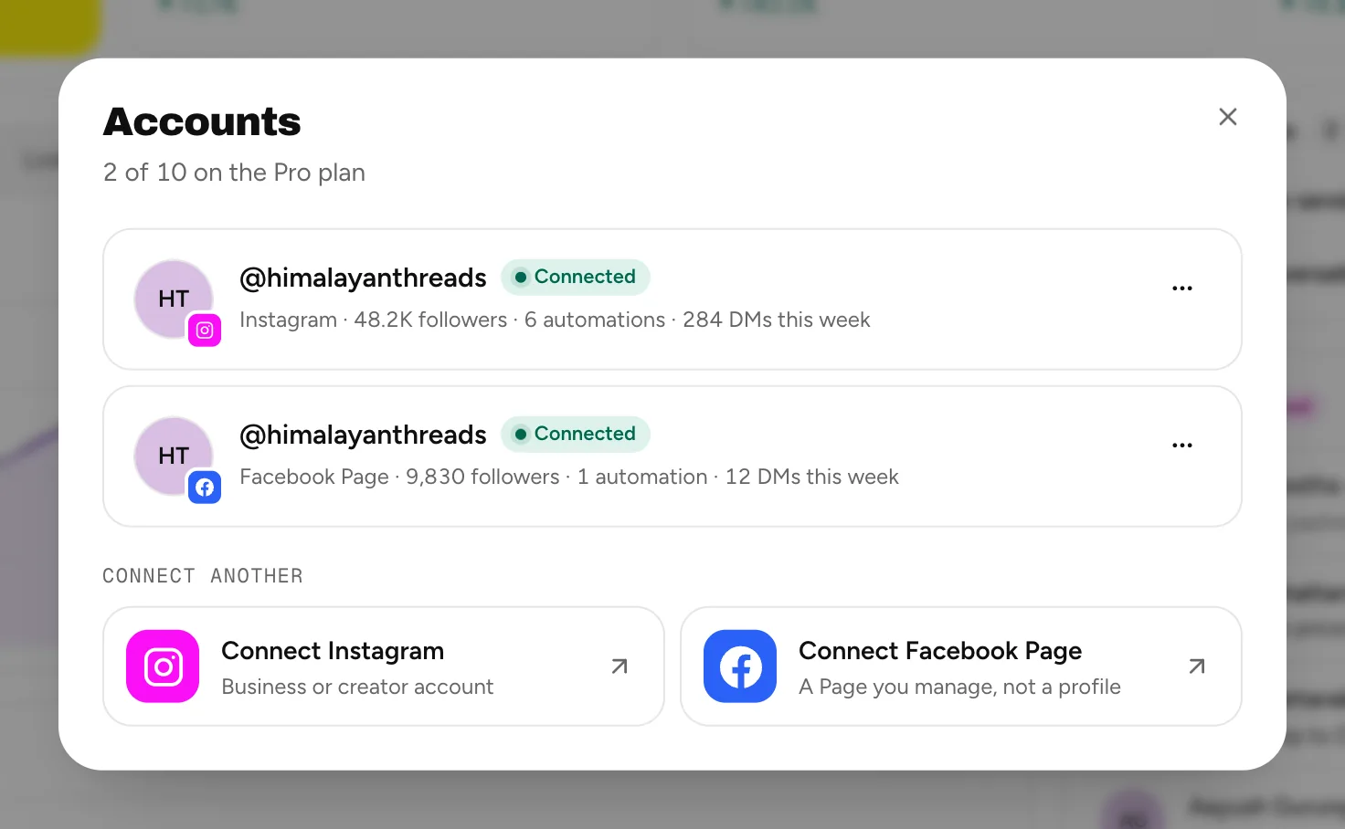 The Accounts dialog with an Instagram account and a Facebook Page, both connected