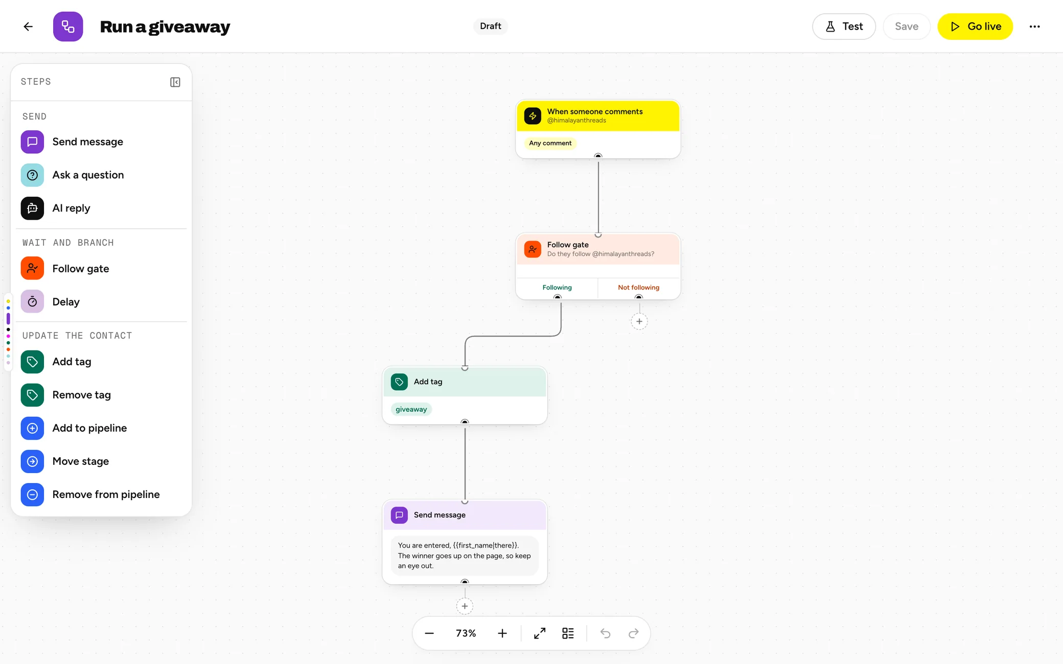 The giveaway flow: comment, Follow gate, Add tag, Send message