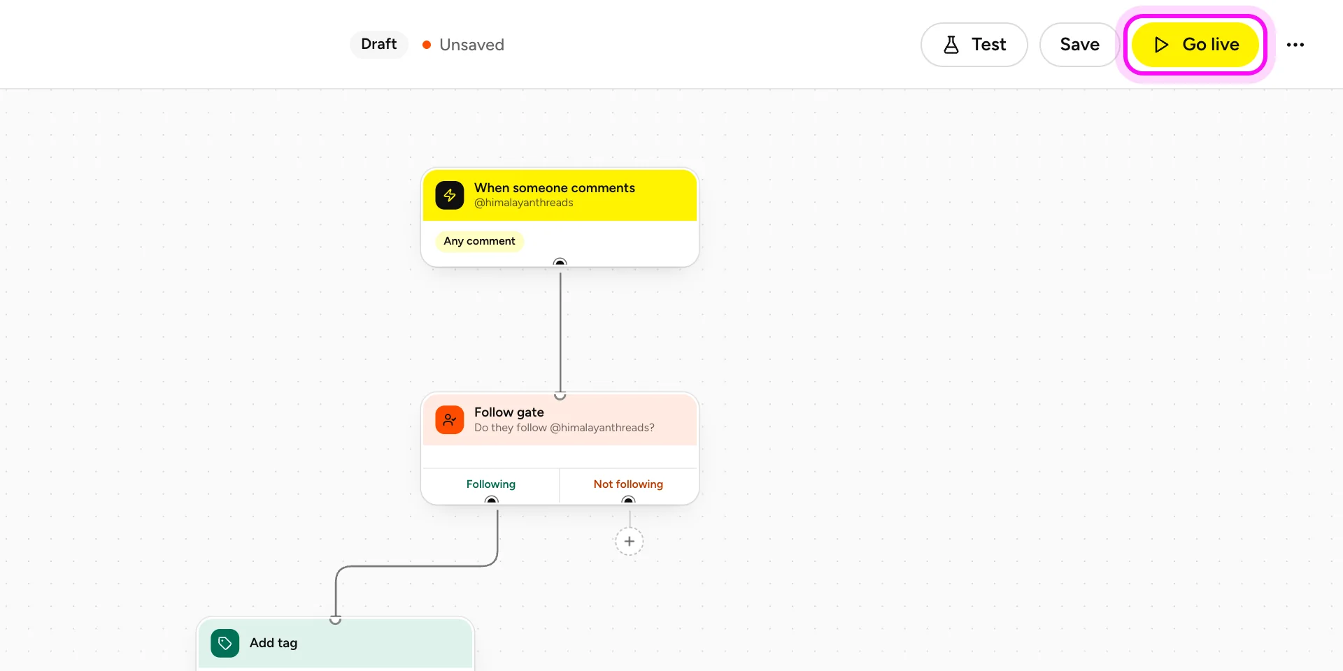 The builder with Go live highlighted