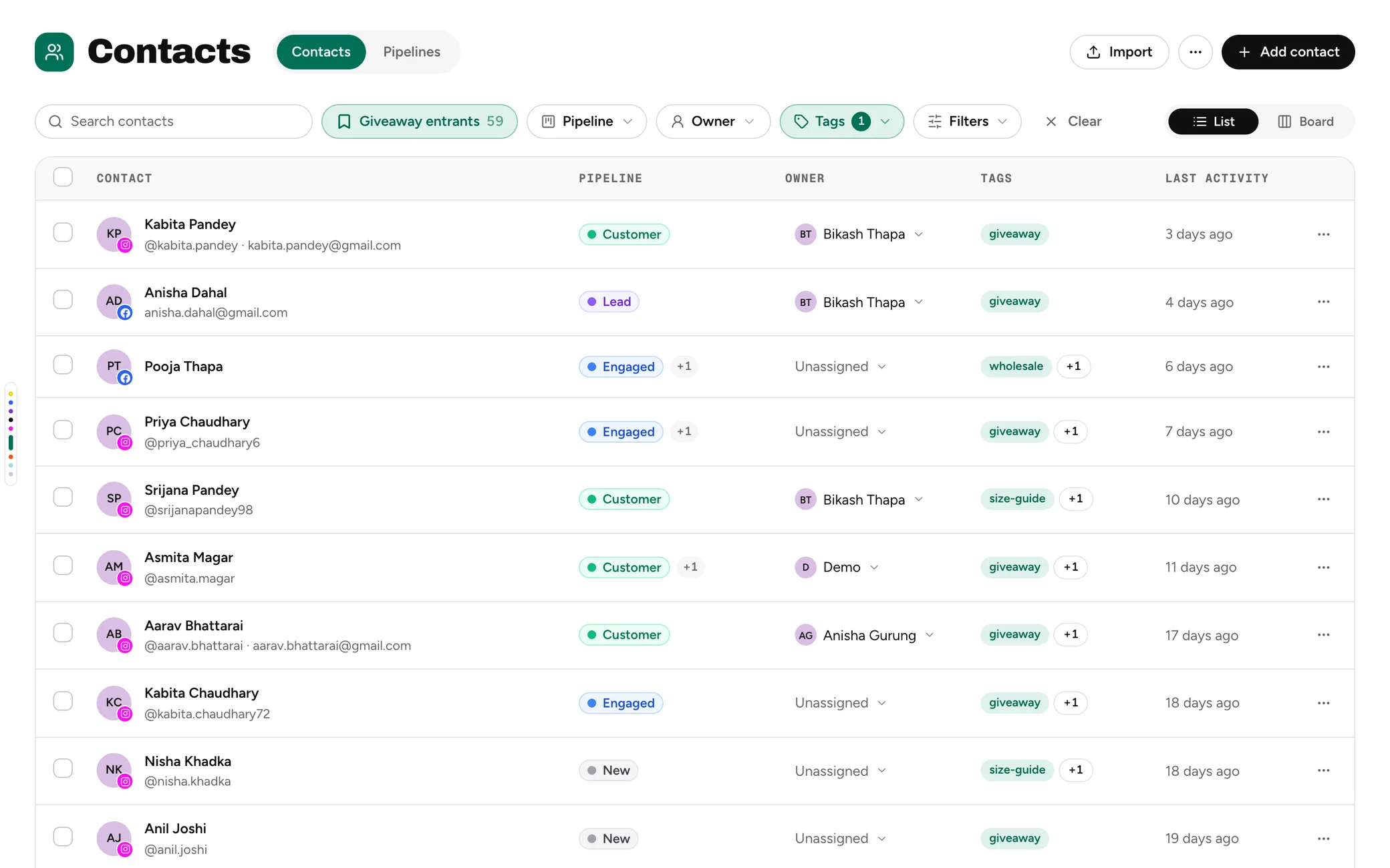 Contacts filtered to the Giveaway entrants segment