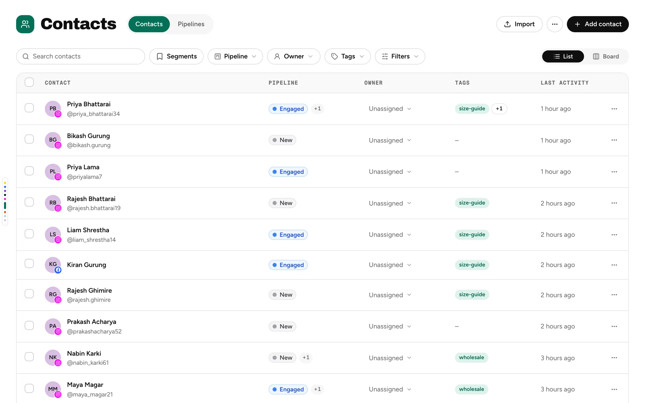 The Contacts list