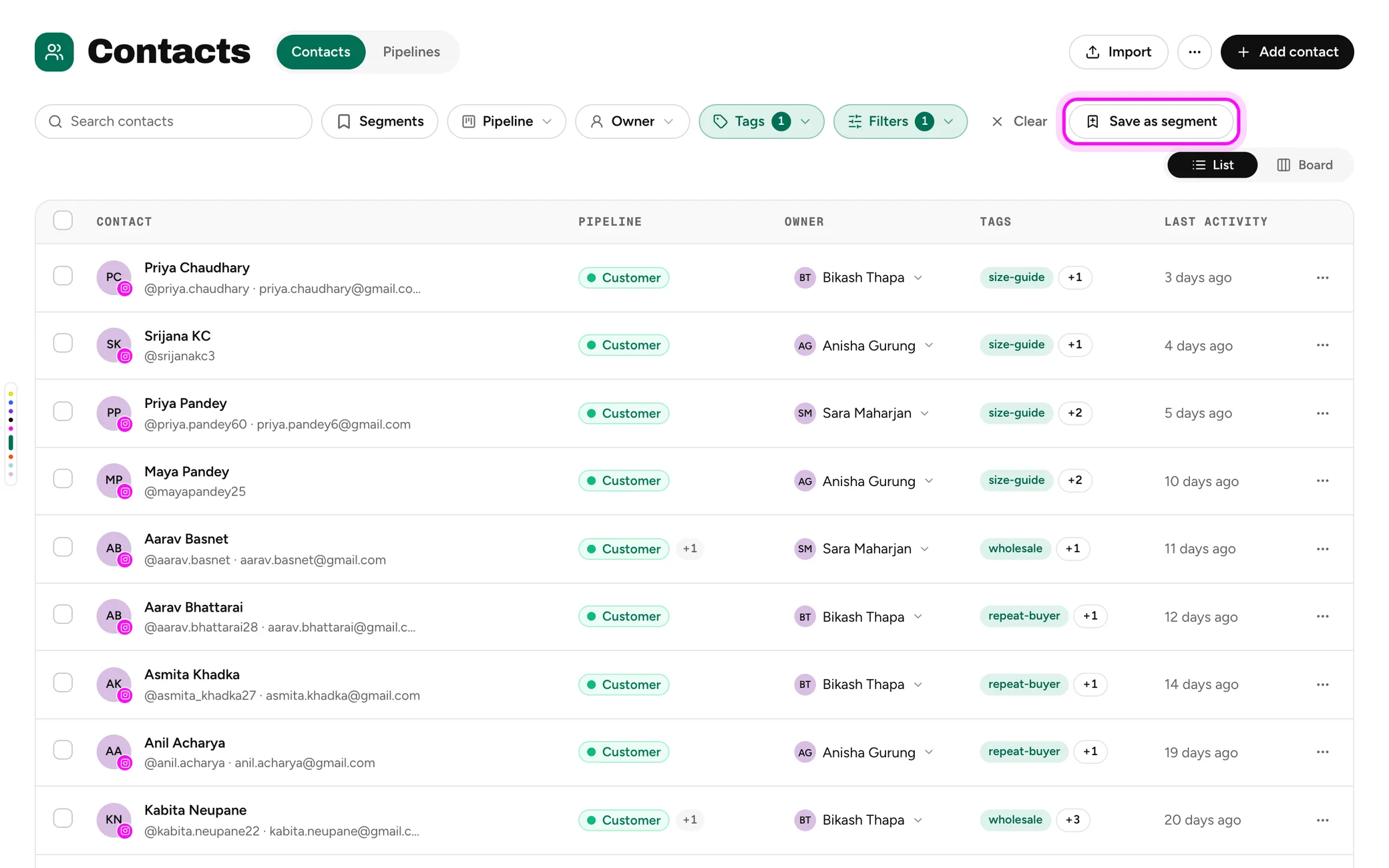 The filtered list with Save as segment highlighted