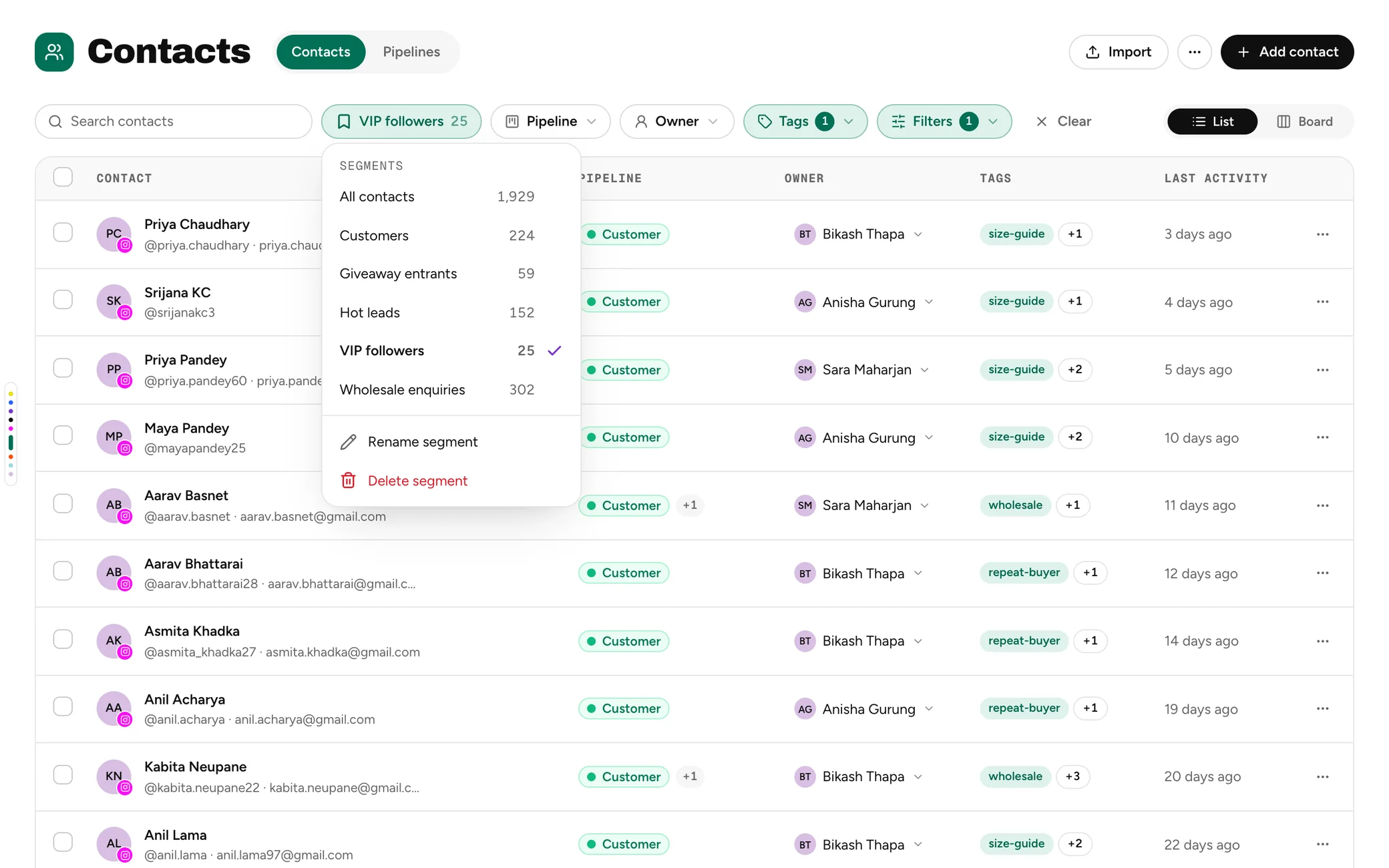 The Segments menu with VIP followers selected