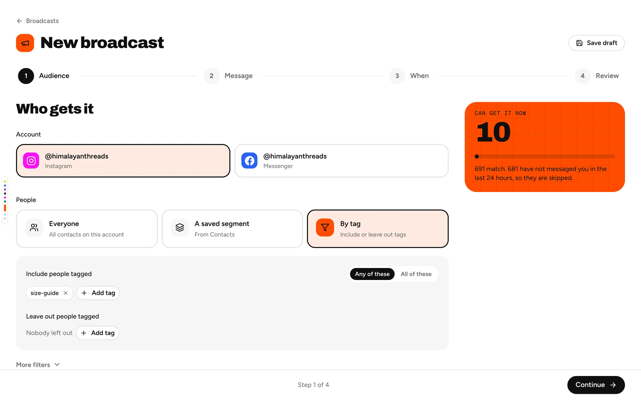 The audience set to contacts tagged size-guide, with 10 who can get it now