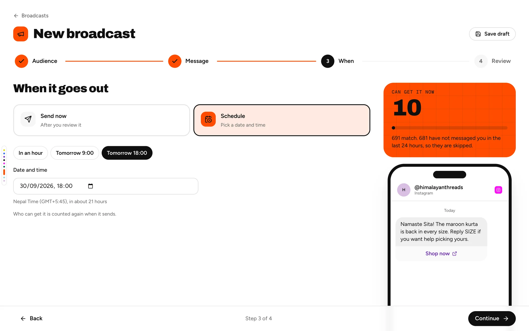 The When step with Schedule picked for tomorrow at 18:00