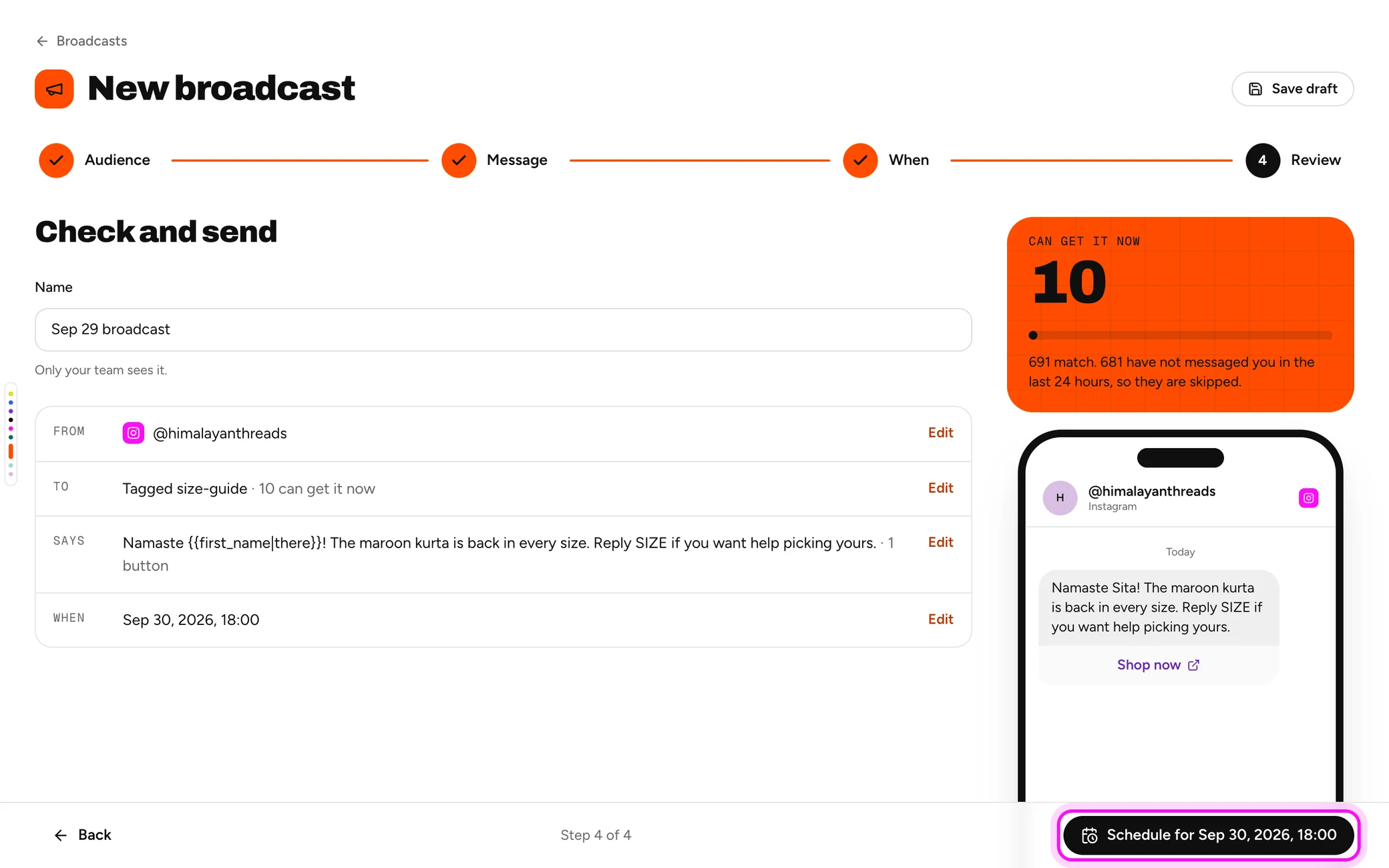 The Review step with the Schedule button highlighted
