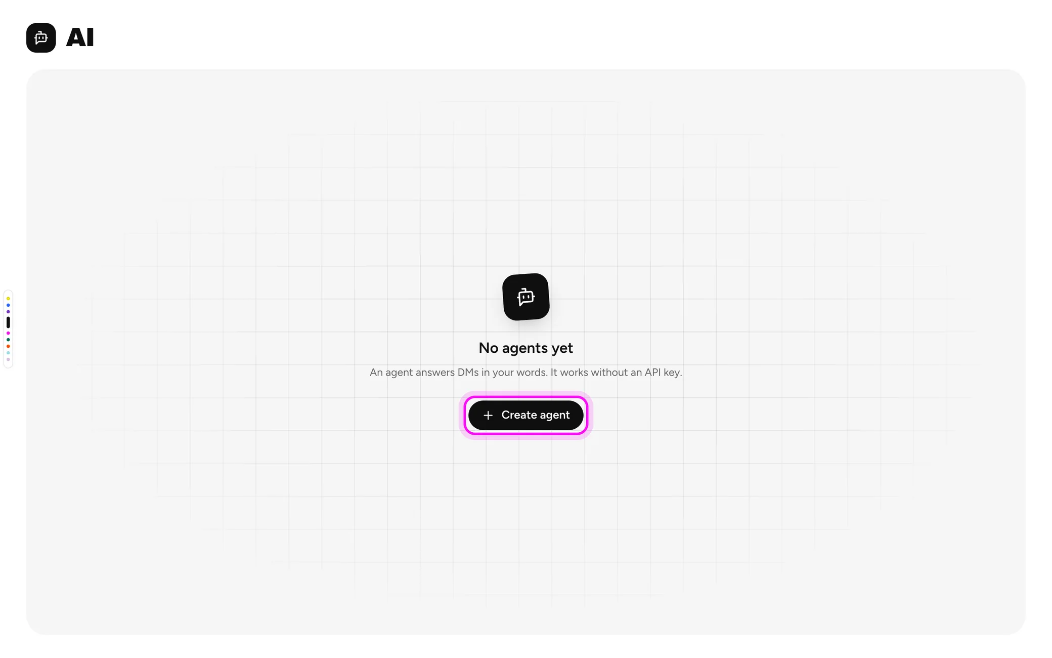 The AI page with the Create agent button