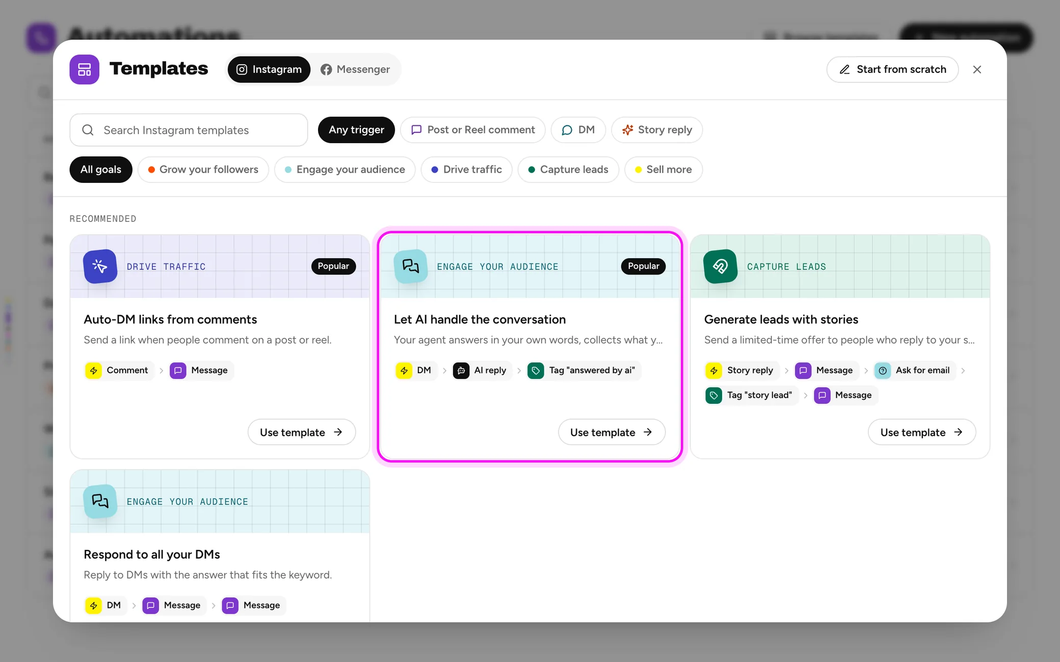 The template gallery with Let AI handle the conversation highlighted