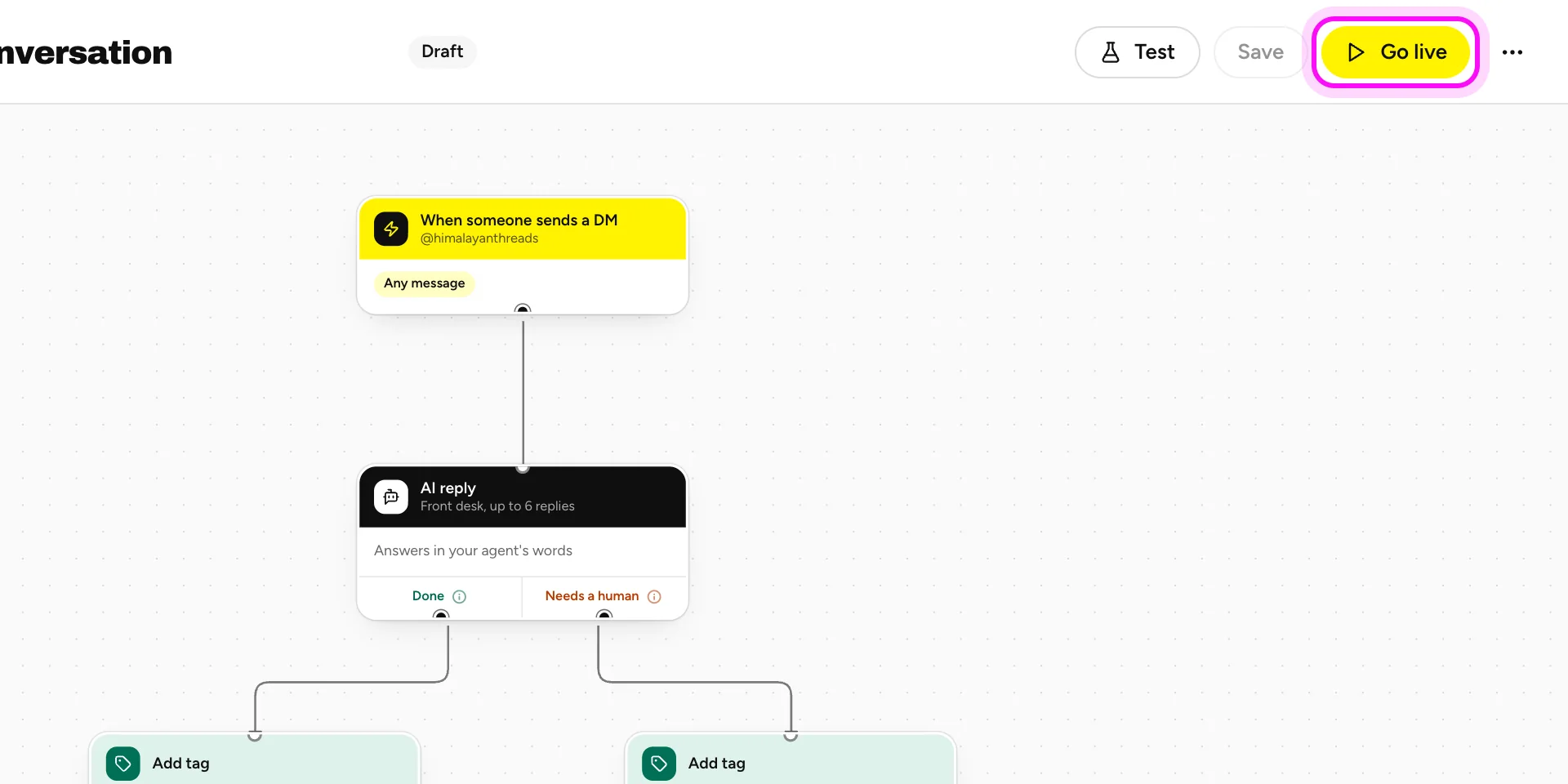 The builder with Go live highlighted